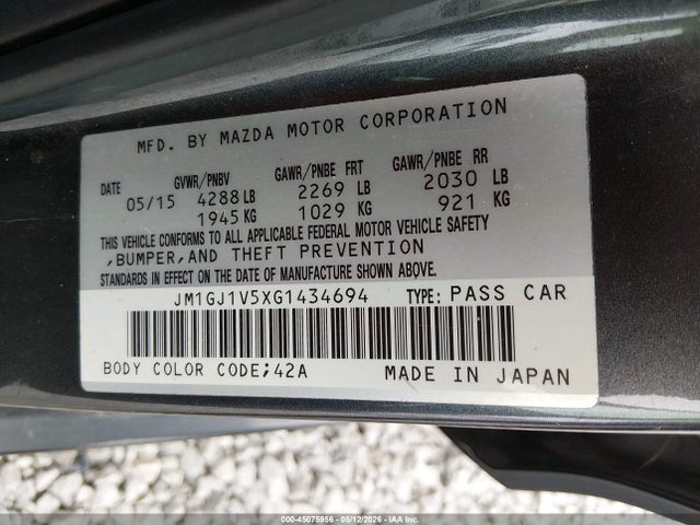 Aukcja sprzedaży 2016 Mazda Mazda6 I Touring, vin: JM1GJ1V5XG1434694, numer aukcji: 45075956