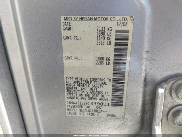 45075957 :رقم المزاد ، 1N4AA51E99C839011 vin ، 2009 Nissan Maxima 3.5 S مزاد بيع