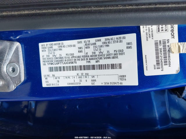 Aukcja sprzedaży 2018 Ford Escape S, vin: 1FMCU0F77JUC05875, numer aukcji: 45075961