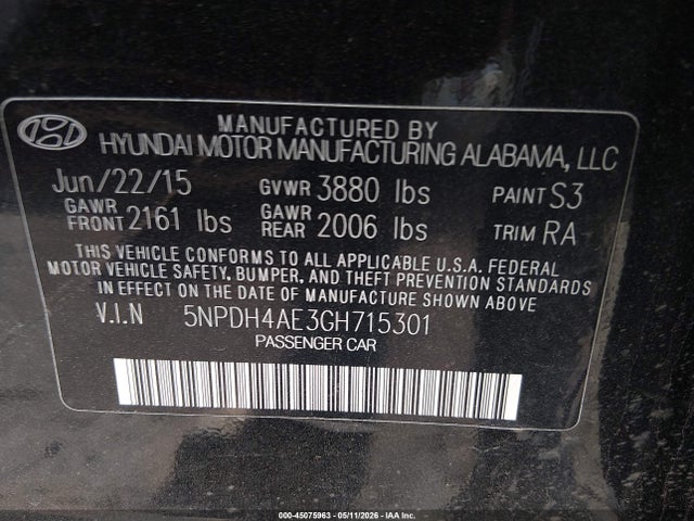 Aukcja sprzedaży 2016 Hyundai Elantra Se, vin: 5NPDH4AE3GH715301, numer aukcji: 45075963
