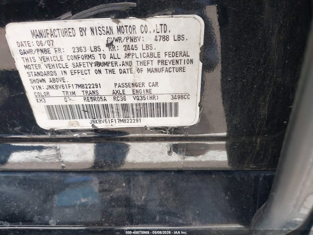 Aukcja sprzedaży 2007 Infiniti G35x, vin: JNKBV61F17M822291, numer aukcji: 45075969