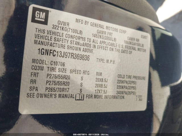 Продажа на аукционе авто 2007 Chevrolet Tahoe Lt, vin: 1GNFC13J97R369836, номер лота: 45075974