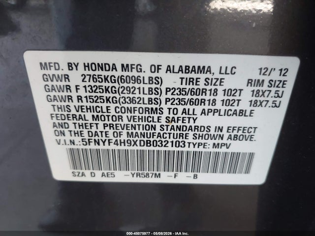 Aukcja sprzedaży 2013 Honda Pilot Touring, vin: 5FNYF4H9XDB032103, numer aukcji: 45075977