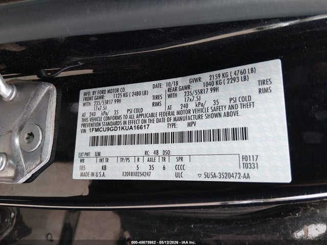 Aukcja sprzedaży 2019 Ford Escape Se, vin: 1FMCU9GD1KUA16617, numer aukcji: 45075982