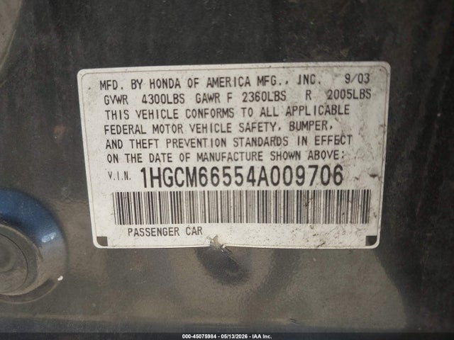 45075984 :رقم المزاد ، 1HGCM66554A009706 vin ، 2004 Honda Accord 3.0 Ex مزاد بيع