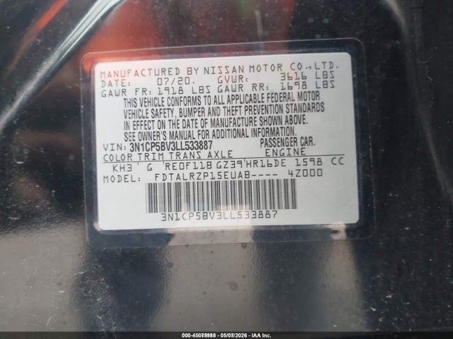 3N1CP5BV3LL533887 Nissan Kicks S Xtronic Cvt