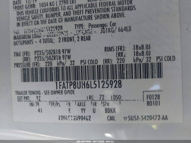 45075995 :رقم المزاد ، 1FATP8UH6L5125928 vin ، 2020 Ford Mustang Ecoboost Premium مزاد بيع