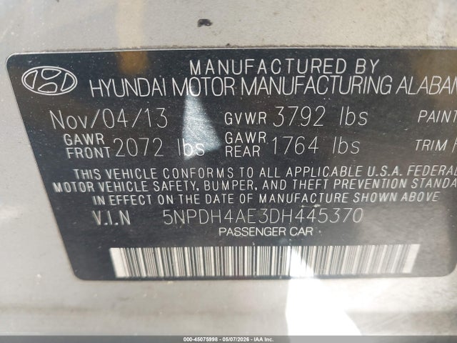 Aukcja sprzedaży 2013 Hyundai Elantra Gls, vin: 5NPDH4AE3DH445370, numer aukcji: 45075998