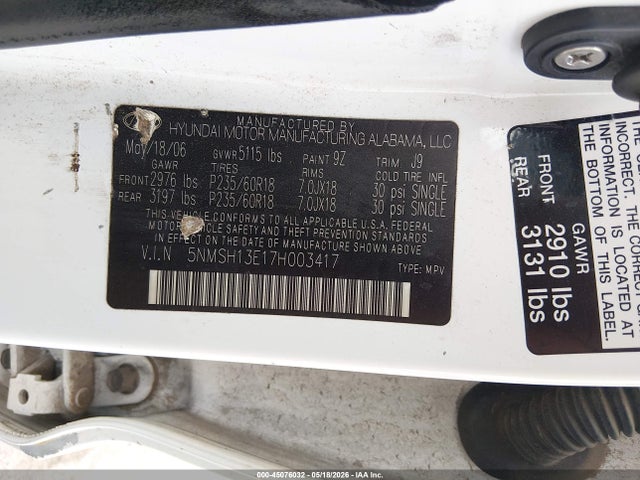 45076032 :رقم المزاد ، 5NMSH13E17H003417 vin ، 2007 Hyundai Santa Fe Limited/se مزاد بيع