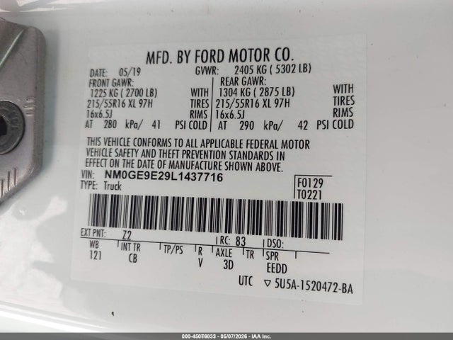 Auction sale of the 2020 Ford Transit Connect Xl Passenger, vin: NM0GE9E29L1437716, lot number: 45076033
