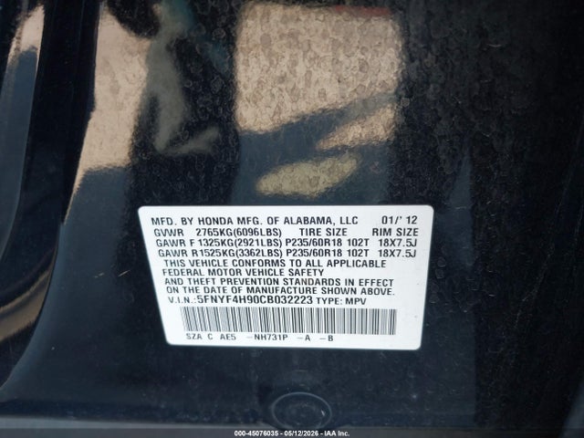 Aukcja sprzedaży 2012 Honda Pilot Touring, vin: 5FNYF4H90CB032223, numer aukcji: 45076035