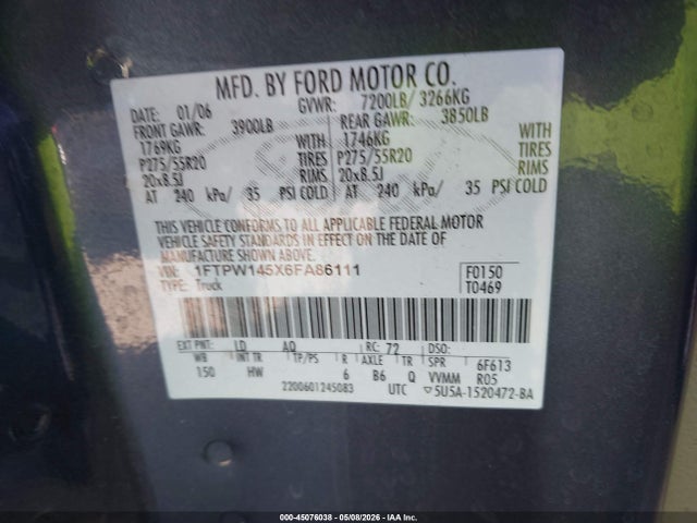 45076038 :رقم المزاد ، 1FTPW145X6FA86111 vin ، 2006 Ford F-150 Fx4/lariat/xlt مزاد بيع