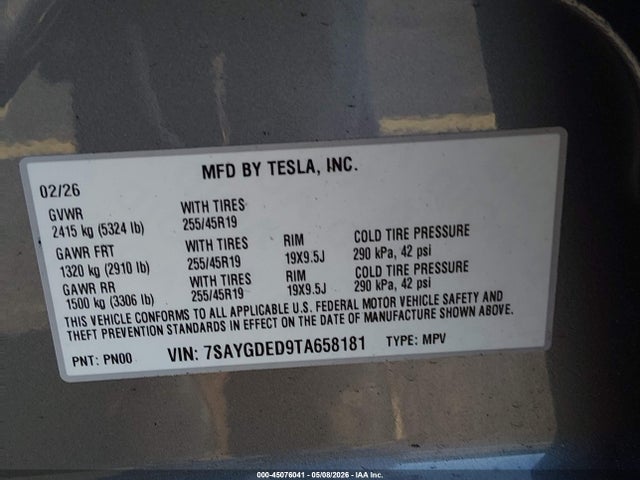 Продаж на аукціоні авто 2026 Tesla Model Y, vin: 7SAYGDED9TA658181, номер лоту: 45076041