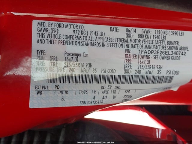2014 Ford Focus Se მანქანა იყიდება აუქციონზე, vin: 1FADP3F26EL340742, აუქციონის ნომერი: 45076046