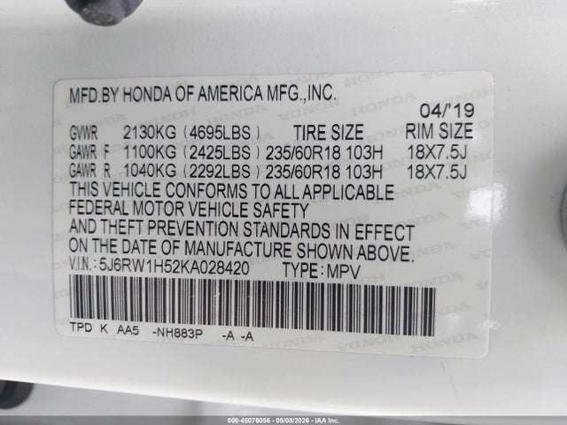 5J6RW1H52KA028420 Honda CR-V EX
