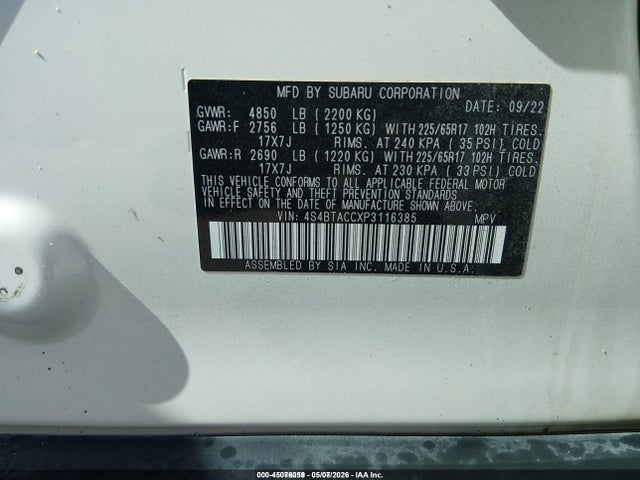 2023 Subaru Outback Premium მანქანა იყიდება აუქციონზე, vin: 4S4BTACCXP3116385, აუქციონის ნომერი: 45076059