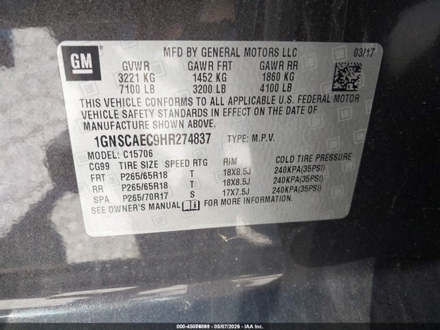 Aukcja sprzedaży 2017 Chevrolet Tahoe Ls, vin: 1GNSCAEC9HR274837, numer aukcji: 45076061
