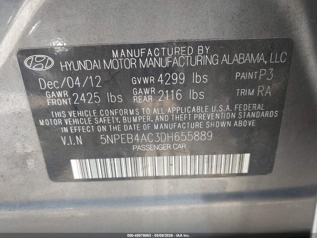 45076063 :رقم المزاد ، 5NPEB4AC3DH655889 vin ، 2013 Hyundai Sonata Gls مزاد بيع