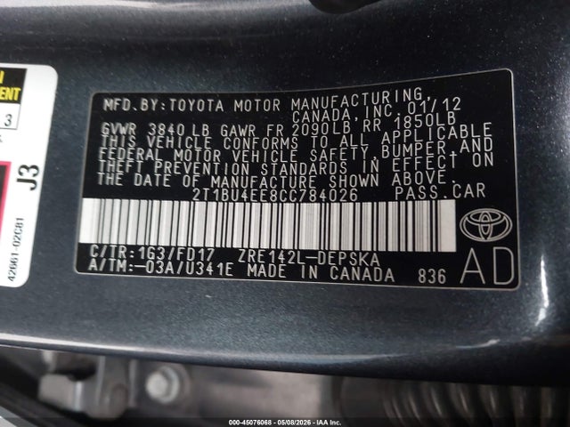 45076068 :رقم المزاد ، 2T1BU4EE8CC784026 vin ، 2012 Toyota Corolla S مزاد بيع