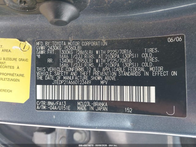 Продаж на аукціоні авто 2006 Toyota Highlander V6, vin: JTEDP21A660123449, номер лоту: 45076070