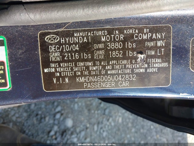 2005 Hyundai Elantra Gls/gt მანქანა იყიდება აუქციონზე, vin: KMHDN46D05U042832, აუქციონის ნომერი: 45076074