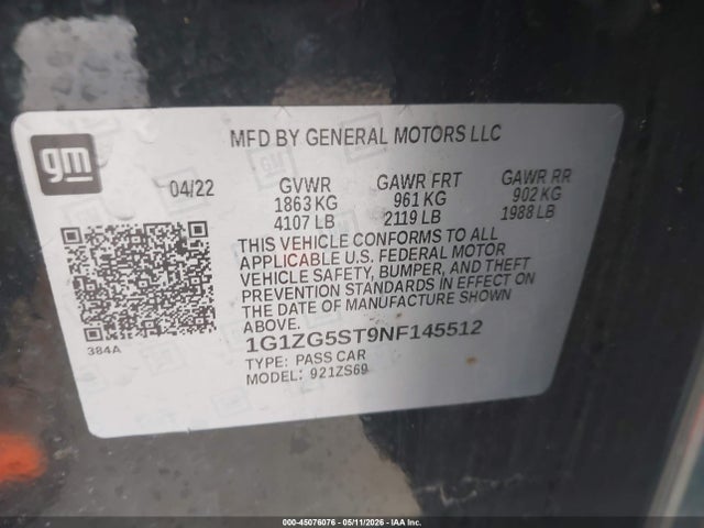 1G1ZG5ST9NF145512 Chevrolet Malibu Fwd Rs