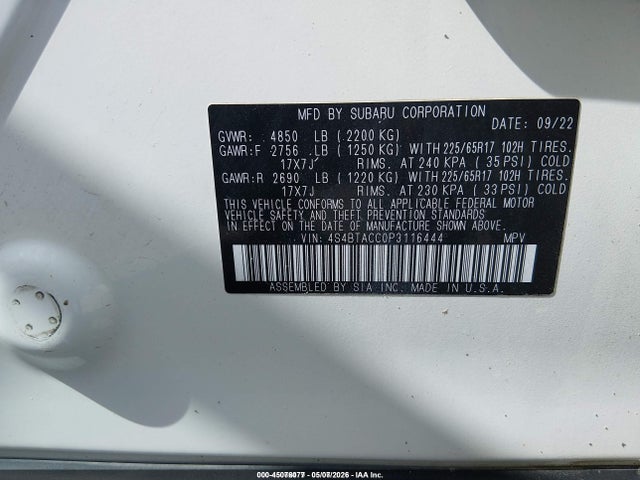 Продаж на аукціоні авто 2023 Subaru Outback Premium, vin: 4S4BTACC0P3116444, номер лоту: 45076077