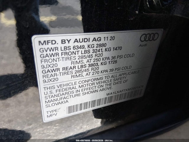 Aukcja sprzedaży 2021 Audi Q7 Premium Plus 55 Tfsi Quattro Tiptronic, vin: WA1LXAF7XMD021479, numer aukcji: 45076088