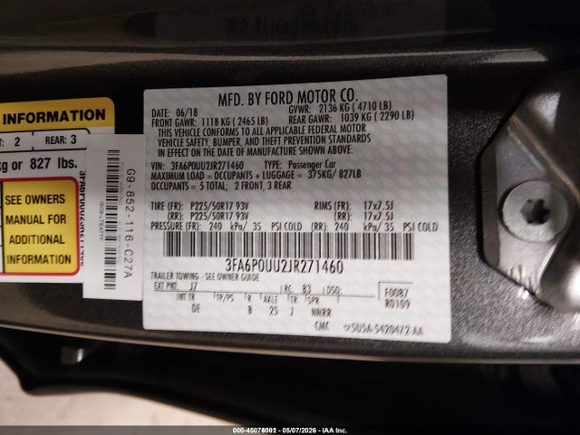2018 Ford Fusion Hybrid S მანქანა იყიდება აუქციონზე, vin: 3FA6P0UU2JR271460, აუქციონის ნომერი: 45076091