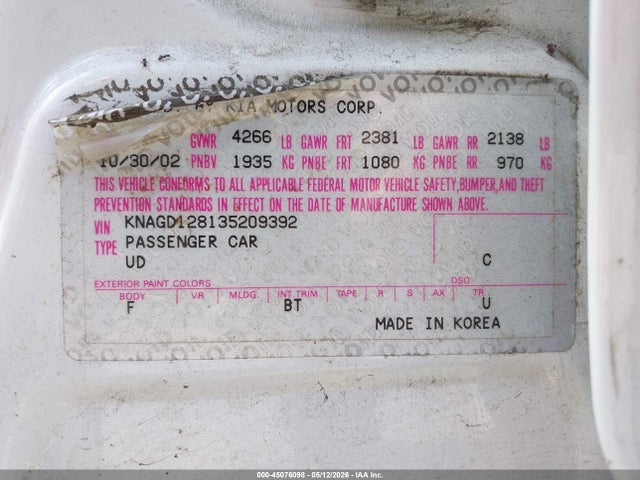 45076098 :رقم المزاد ، KNAGD128135209392 vin ، 2003 Kia Optima Lx V6/se V6 مزاد بيع