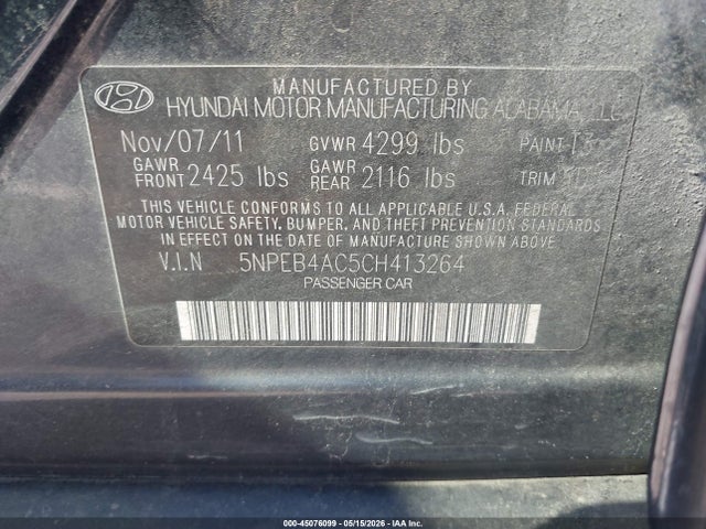 2012 Hyundai Sonata Gls მანქანა იყიდება აუქციონზე, vin: 5NPEB4AC5CH413264, აუქციონის ნომერი: 45076099