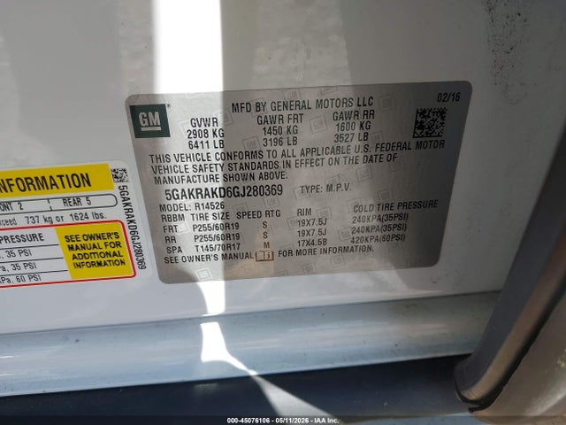 Aukcja sprzedaży 2016 Buick Enclave Convenience, vin: 5GAKRAKD6GJ280369, numer aukcji: 45076106