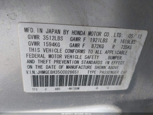 Aukcja sprzedaży 2012 Honda Fit, vin: JHMGE8H35CC028651, numer aukcji: 45076117
