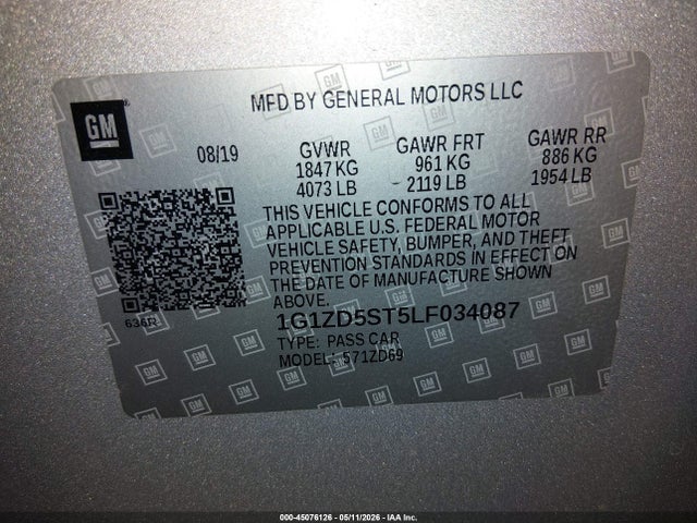 1G1ZD5ST5LF034087 Chevrolet Malibu Fwd Lt