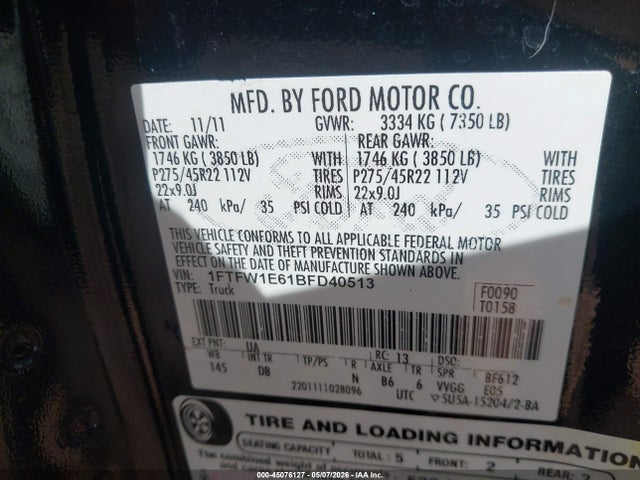 Продаж на аукціоні авто 2011 Ford F-150 Harley-davidson, vin: 1FTFW1E61BFD40513, номер лоту: 45076127