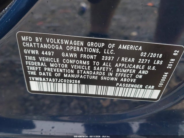 45076134 :رقم المزاد ، 1VWBA7A37JC029256 vin ، 2018 Volkswagen Passat 2.0t Se مزاد بيع