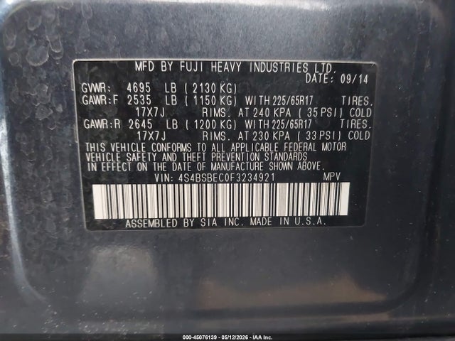 45076139 :رقم المزاد ، 4S4BSBEC0F3234921 vin ، 2015 Subaru Outback 2.5i Premium مزاد بيع