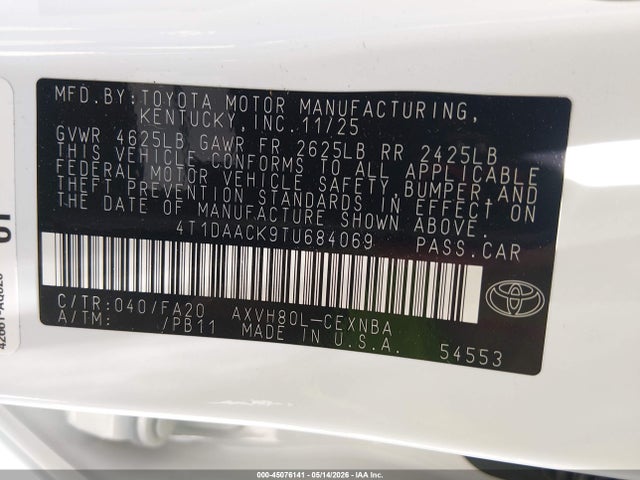 45076141 :رقم المزاد ، 4T1DAACK9TU684069 vin ، 2026 Toyota Camry Le مزاد بيع