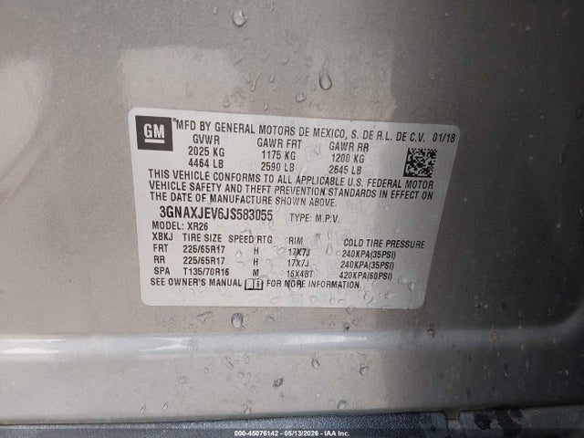 2018 Chevrolet Equinox Lt მანქანა იყიდება აუქციონზე, vin: 3GNAXJEV6JS583055, აუქციონის ნომერი: 45076142
