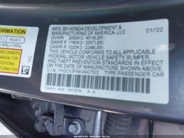 1HGCV3F54NA007622 Honda Accord Hybrid Ex-l