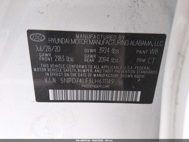 5NPD74LF3LH611149 Hyundai ELANTRA SE