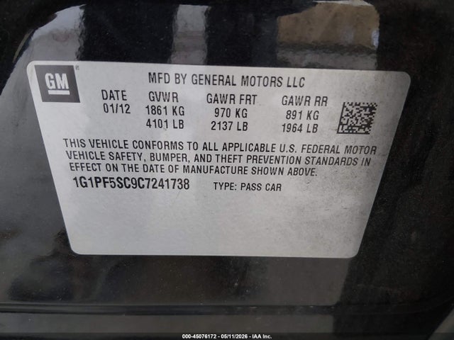 2012 Chevrolet Cruze 1lt მანქანა იყიდება აუქციონზე, vin: 1G1PF5SC9C7241738, აუქციონის ნომერი: 45076172