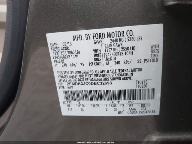 45076188 :رقم المزاد ، 2FMDK3JC0DBC32698 vin ، 2013 Ford Edge Sel مزاد بيع