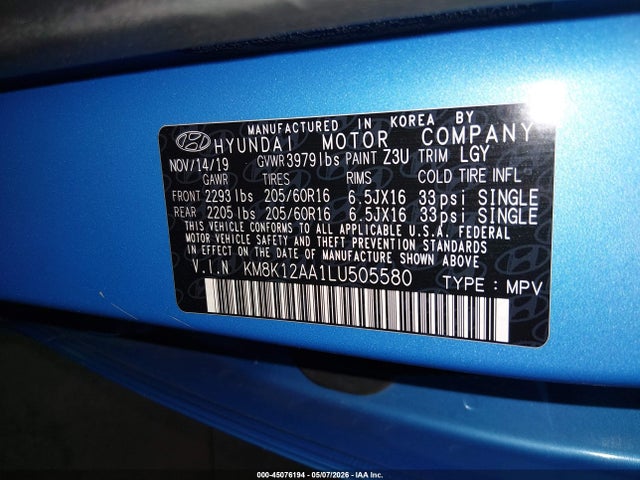 2020 Hyundai Kona Se მანქანა იყიდება აუქციონზე, vin: KM8K12AA1LU505580, აუქციონის ნომერი: 45076194