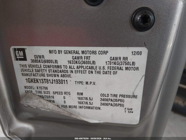 2001 Gmc Yukon Slt მანქანა იყიდება აუქციონზე, vin: 1GKEK13T81J193011, აუქციონის ნომერი: 45076200