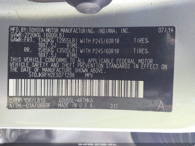 Toyota Highlander Xle V6 2014 5TDJKRFH2ES071298 Image 9