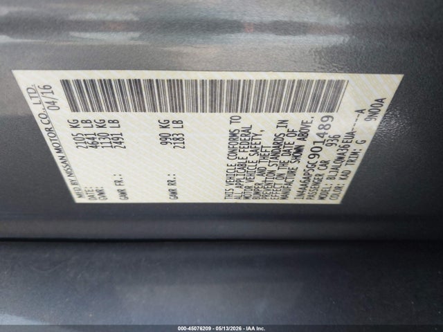2016 Nissan Maxima 3.5 S მანქანა იყიდება აუქციონზე, vin: 1N4AA6AP5GC901489, აუქციონის ნომერი: 45076209