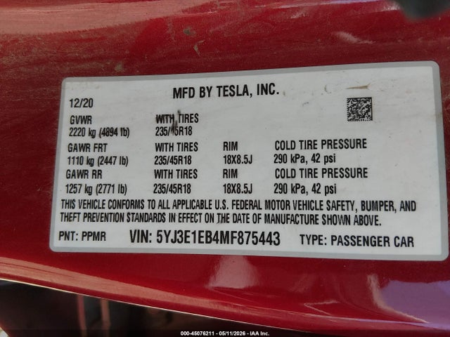 Tesla Model 3 Long Range 2021 5YJ3E1EB4MF875443 Image 9