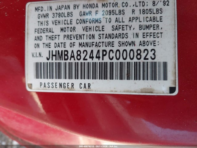 Aukcja sprzedaży 1993 Honda Prelude S, vin: JHMBA8244PC000823, numer aukcji: 45076215
