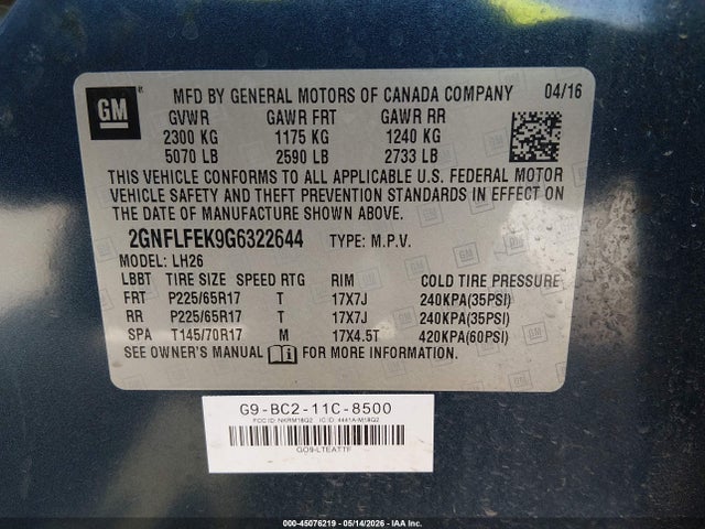 Chevrolet EQUINOX LT 2016 2GNFLFEK9G6322644 Image 9